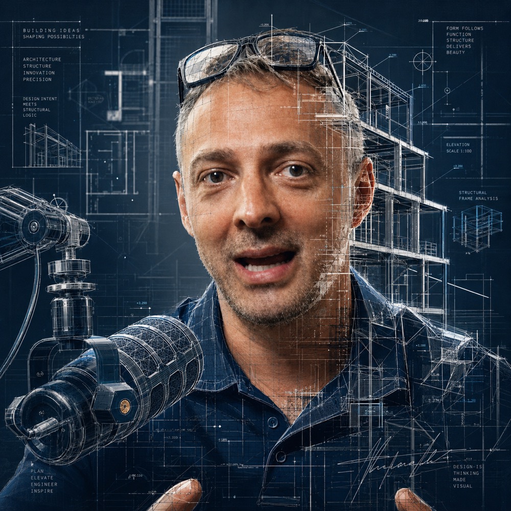Blueprint-style portrait of the speaker mid-talk, overlaid with architectural drawings